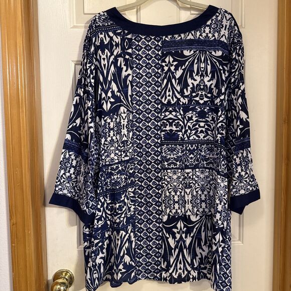 La Cera Womens Boho Patchwork Tunic Top Blue White Button Front NWT - Picture 2 of 4